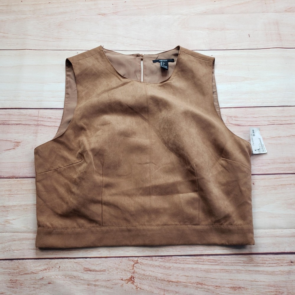 Forever 21 Tank Womens L Brown Cropped Faux Suede Lined‎ Zip Button Microfiber